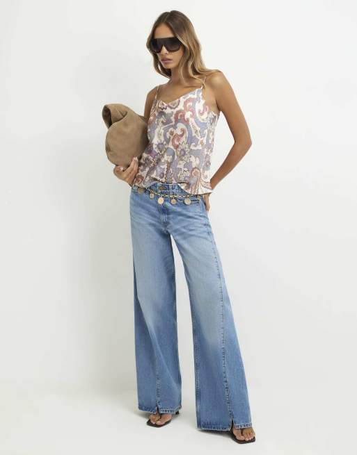 River Island Paisley cowl neck cami top in beige, 3 of 4