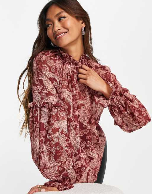 River Island paisley frill front high neck blouse in red, 4 of 4
