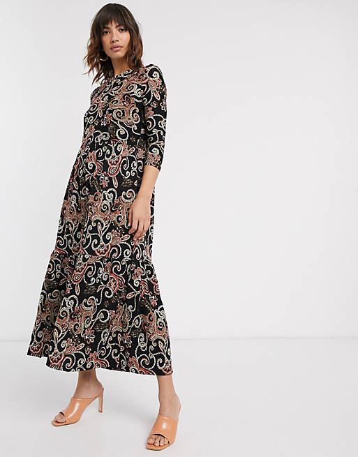 River Island paisley long sleeve tiered maxi dress in black | ASOS