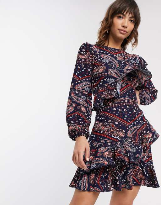 River Island paisley print ruffle dress in navy