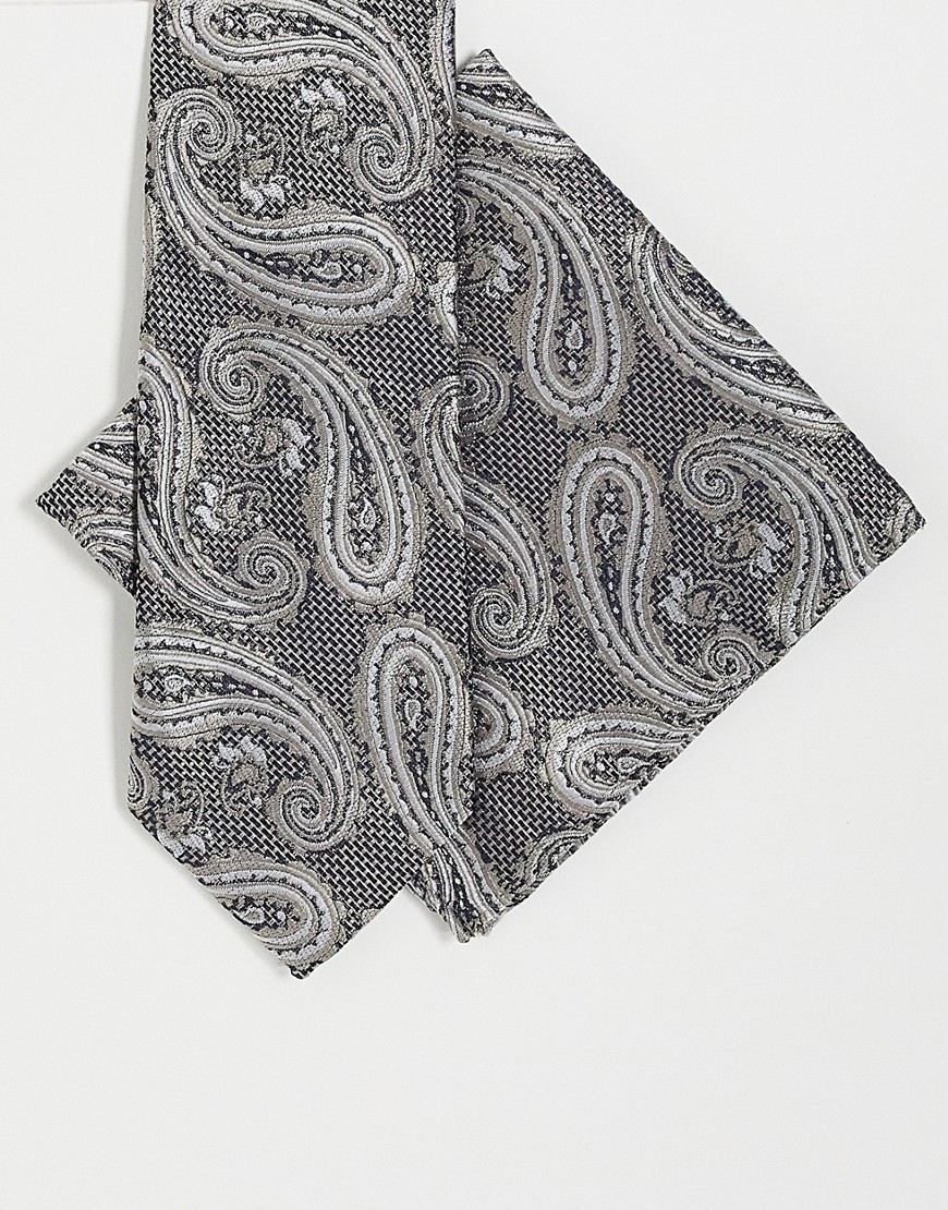 paisley tie and pocket square set in silver