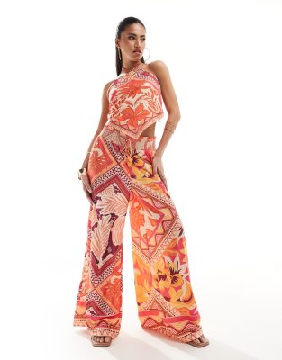 River Island - Palazzo-Hose mit orangefarbenem Schal-Print, Kombiteil