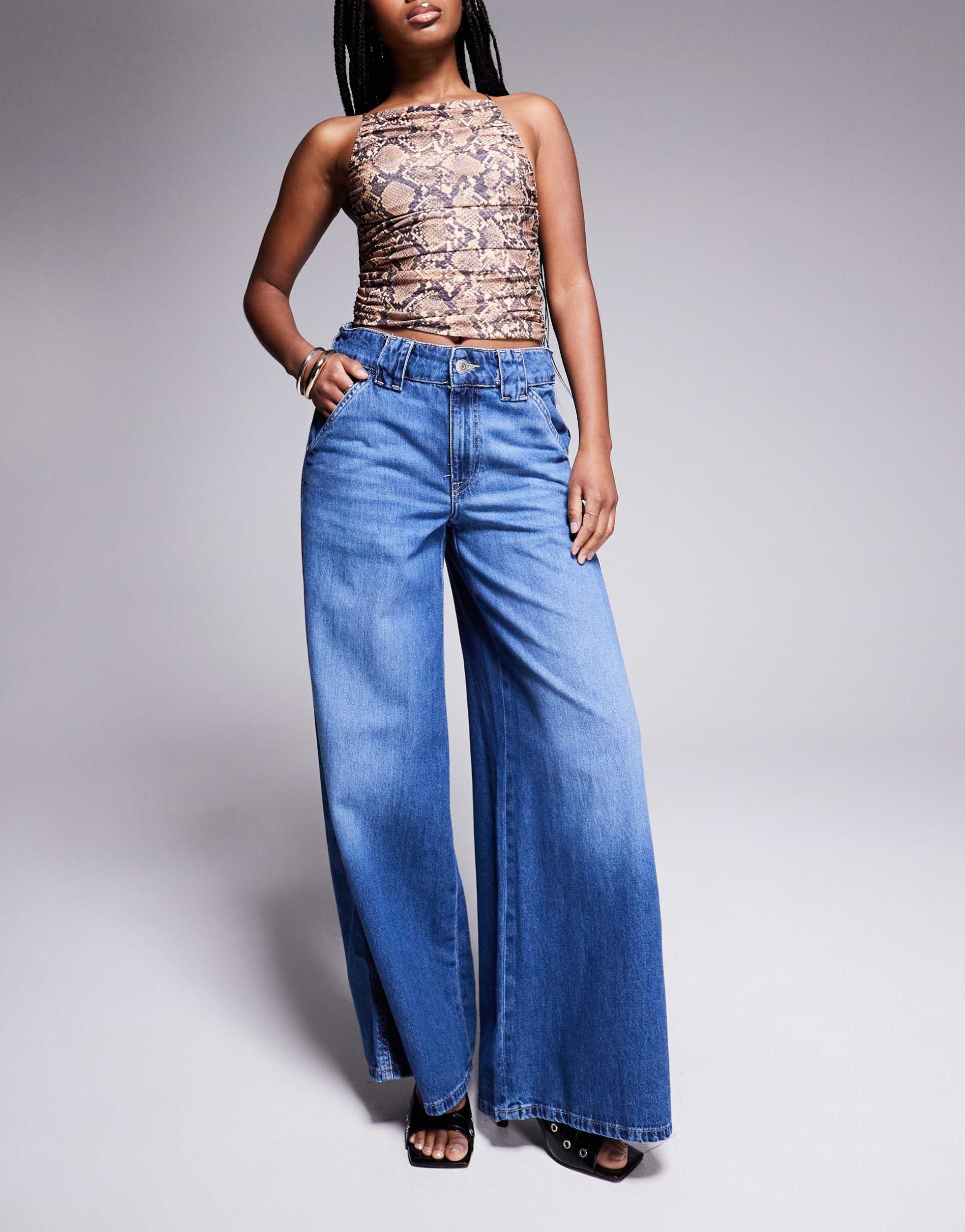 river island palazzo jeans in midwash blue