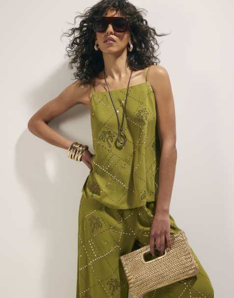 River Island Palm hotfix cami top in green