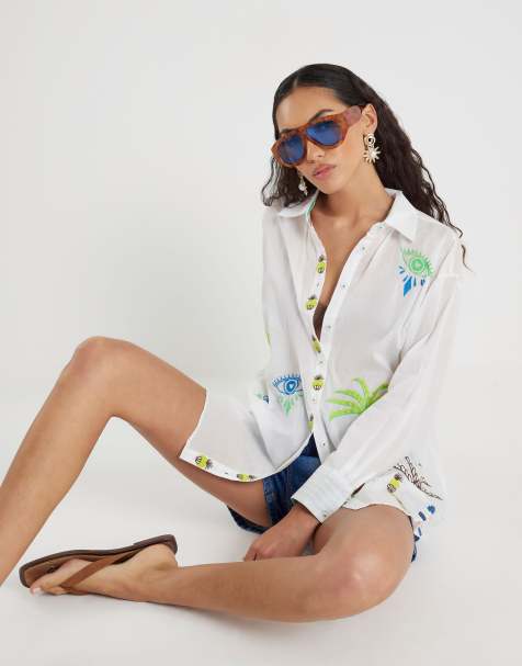 River Island Palm tree embroidered shirt in white - view 1