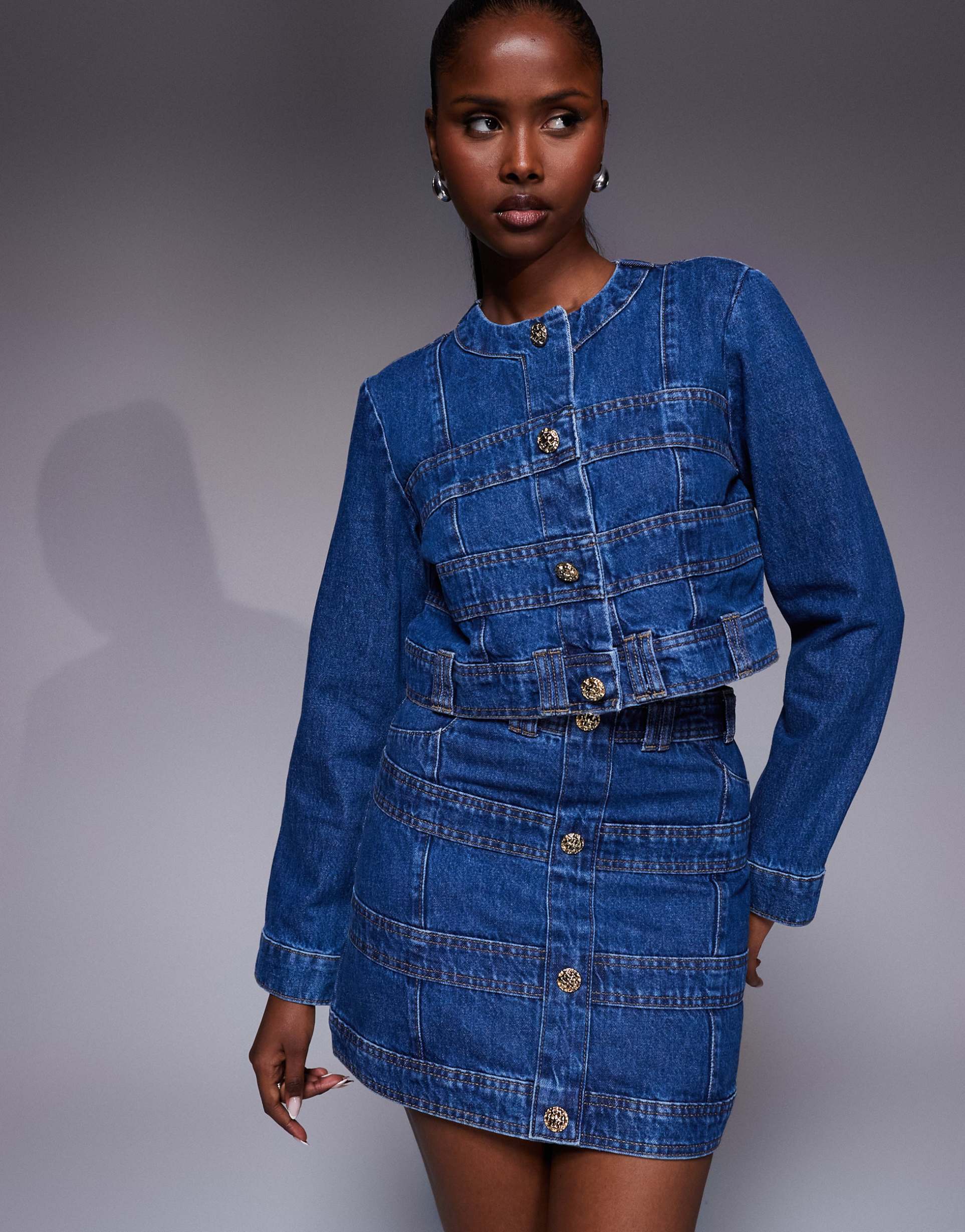 river island paneled jacket in medium denim - part of a set