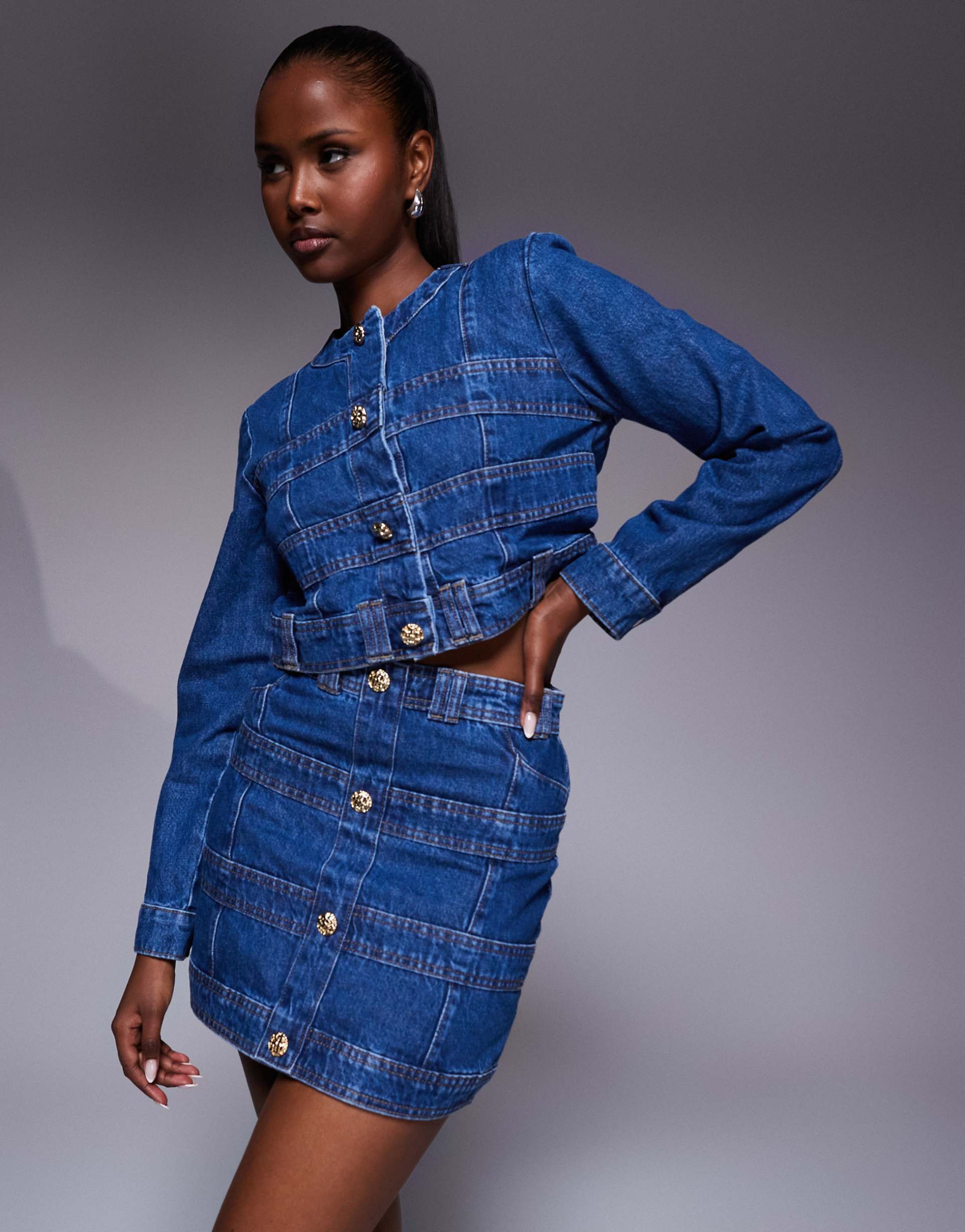 river island paneled mini skirt in medium denim - part of a set