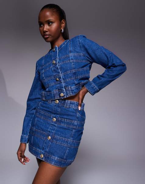 River Island panelled mini skirt co-ord in medium denim - view 1