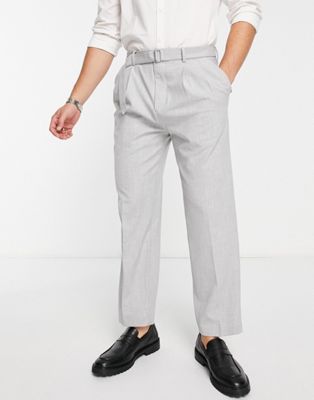 River Island tapered belted smart trousers in grey - ASOS Price Checker