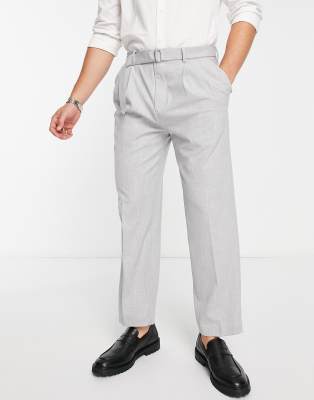 River Island tapered belted smart trousers in grey - ASOS Price Checker