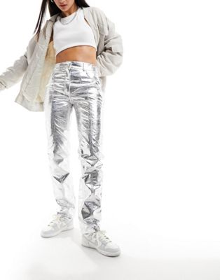 River Island metallic straight leg trouser in silver - ASOS Price Checker