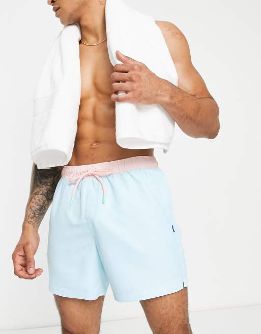 River Island - Pantaloncini da bagno blu con elastico in vita a contrasto