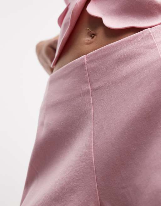 River Island - Pantaloncini smerlati in misto lino rosa in coordinato, 4 di 5