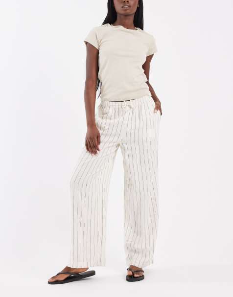 River Island - Pantaloni a fondo ampio effetto lino color pietra a righe in coordinato - view 1
