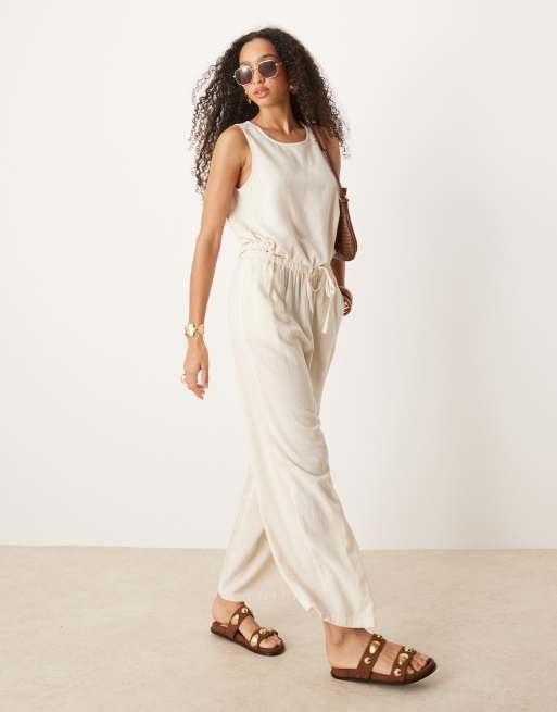 River Island - Pantaloni in lino color crema in coordinato