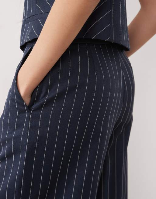 River Island - Pantaloni sartoriali a fondo ampio blu navy gessati, 4 di 5