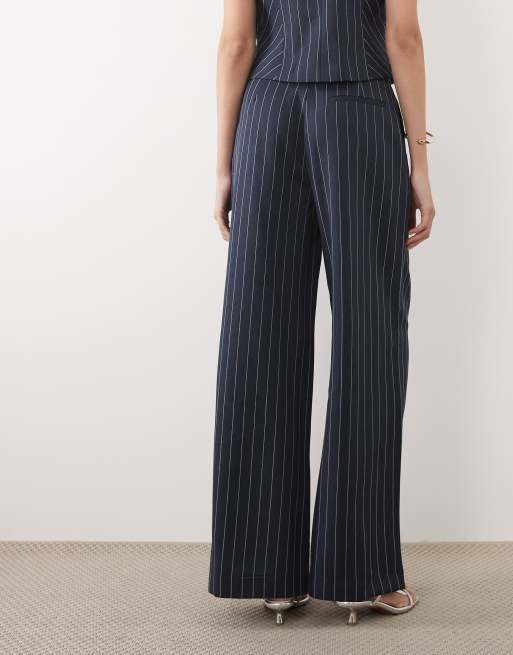River Island - Pantaloni sartoriali a fondo ampio blu navy gessati, 5 di 5