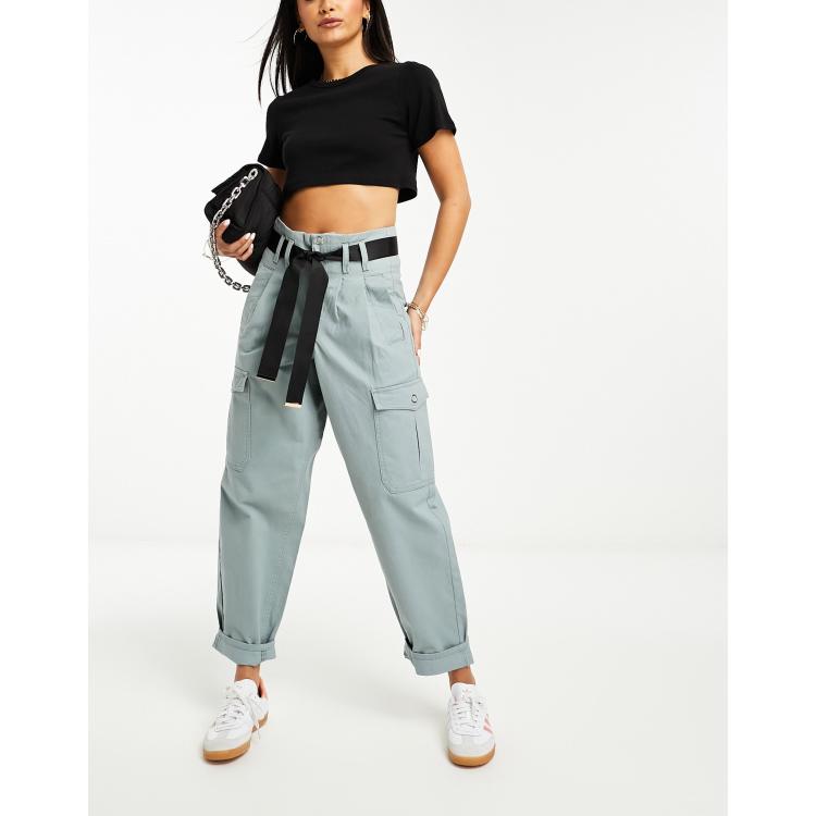 River Island paper bag belted cargo pants in blue