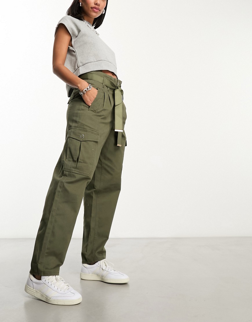 River Island paper bag belted cargo trouser in green