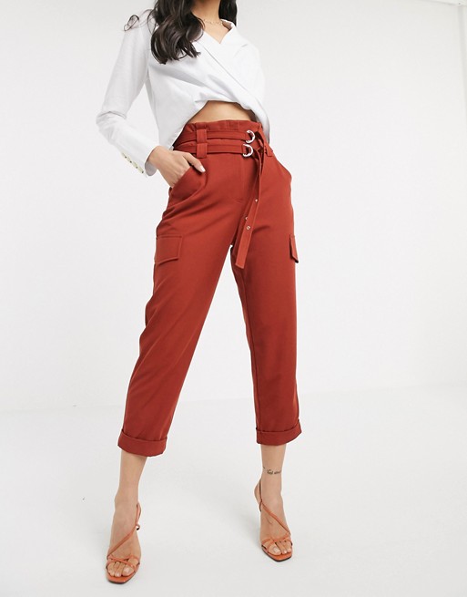 River Island paperbag utility trousers in rust