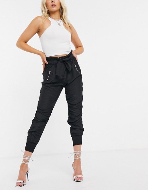 River Island paperbag waist jogger trousers in black