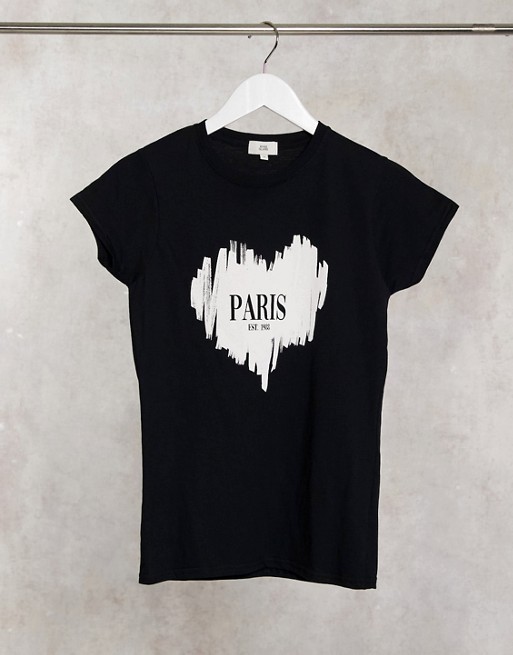 River Island Paris heart slogan t-shirt in black