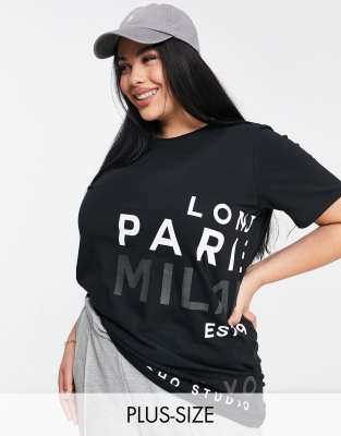 River Island Plus River Island Paris London Milan Jumbo Slogan T-shirt In Black