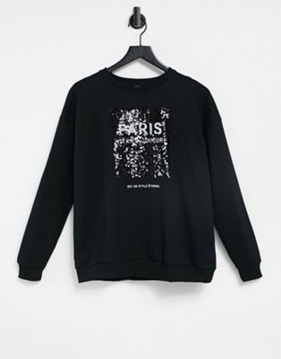 River Island Paris sequined slogan sweatshirt in black