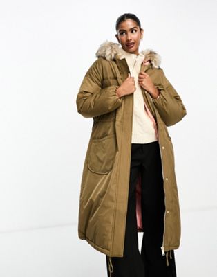 River Island parka coat with faux fur collar in khaki