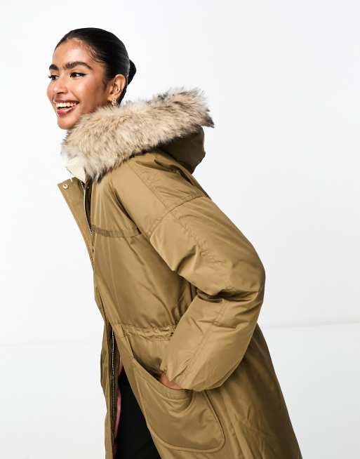 River Island parka coat with faux fur collar in khaki