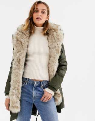 khaki faux fur trim parka coat