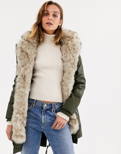 River Island parka coat with faux fur inner in khaki