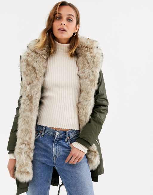 River Island parka coat with faux fur inner in khaki | ASOS