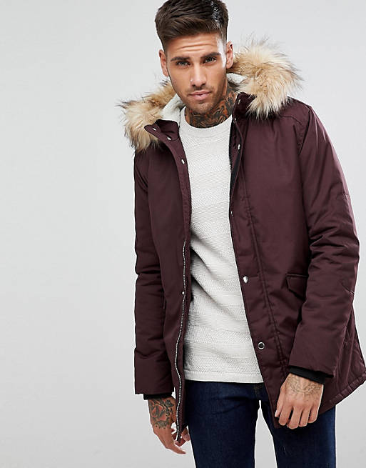 River Island Parka Jacket With Faux Fur Hood In Burgundy | ASOS
