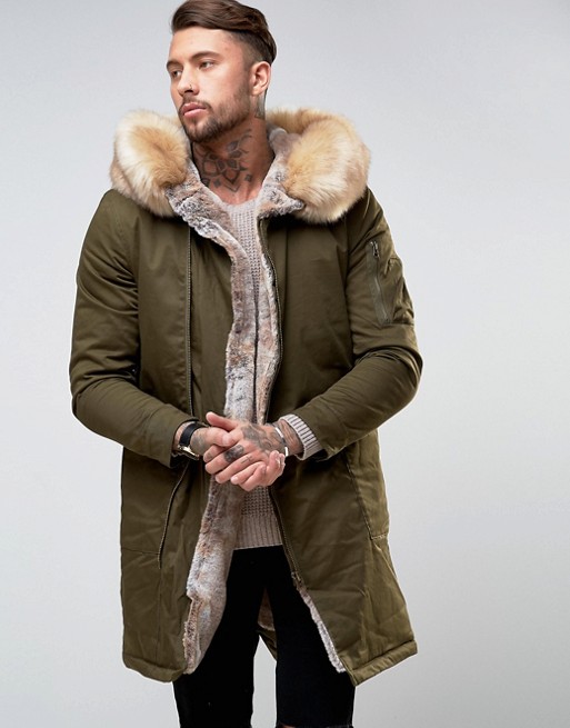 River Island Parka With Detachable Fur Lined Hood In Khaki | ASOS