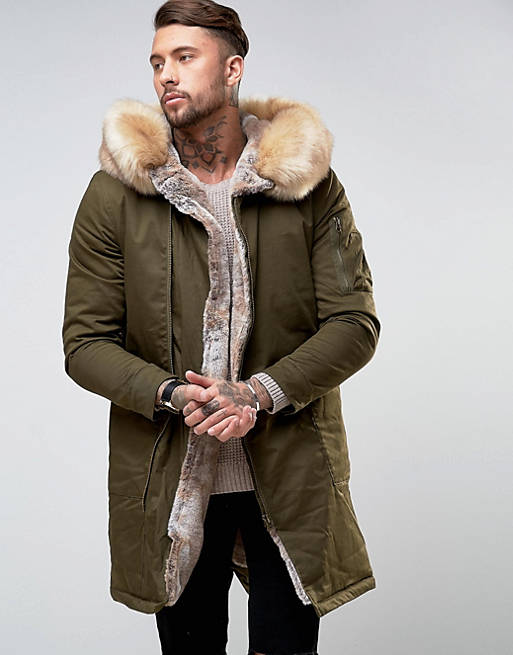 River Island Parka With Detachable Fur Lined Hood In Khaki