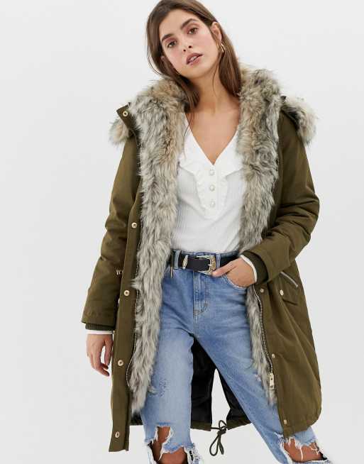 River Island Parka With Faux Fur Trim In Khaki Asos