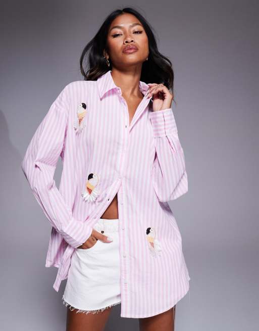 River Island parrot embellished striped shirt in pink | ASOS