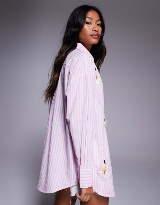 River Island parrot embellished striped shirt in pink | ASOS