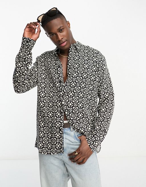 River Island party long sleeve geo shirt in black | ASOS