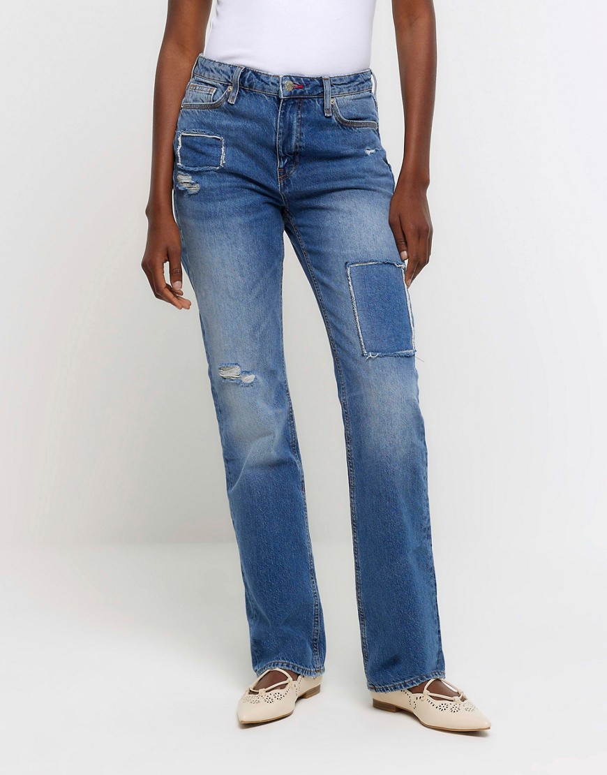 River Island Patch stove pipe straight jeans in denim - medium-Blue