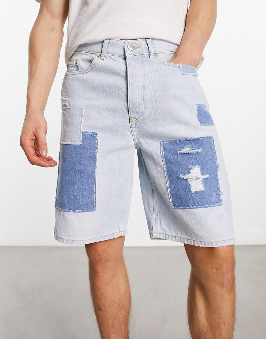 River Island patched denim bermuda shorts in light blue