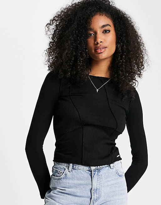 Women River Island patched seam detailed mesh long sleeved top in black 