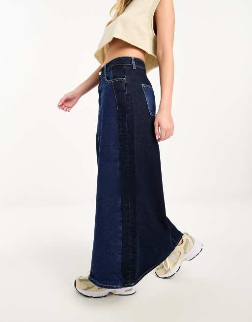 River Island Patchwork Denim Maxi Skirt in Blue