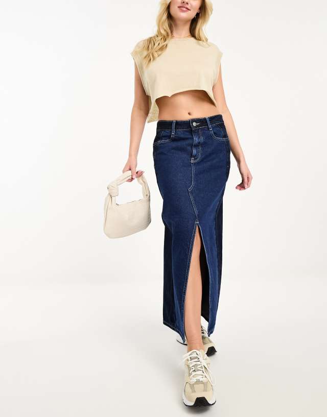 River Island - patchwork denim maxi skirt in dark blue