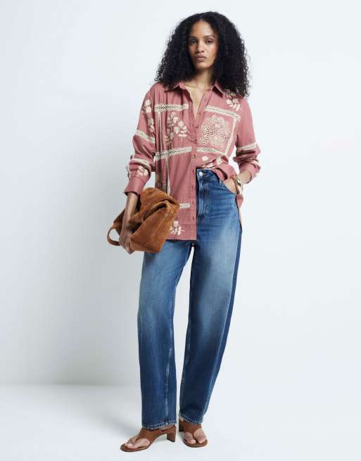 River Island Patchwork lace trim shirt in pink - dark