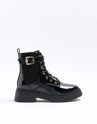 River Island Patent buckle lace up boots in black - ASOS Price Checker