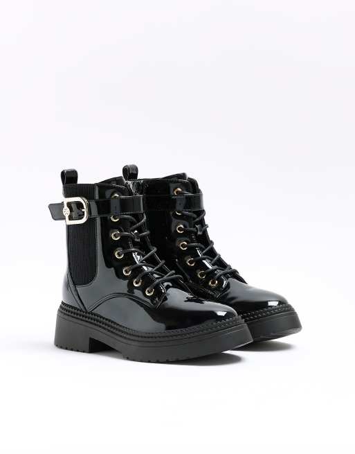 River Island Patent buckle lace up boots in black ASOS