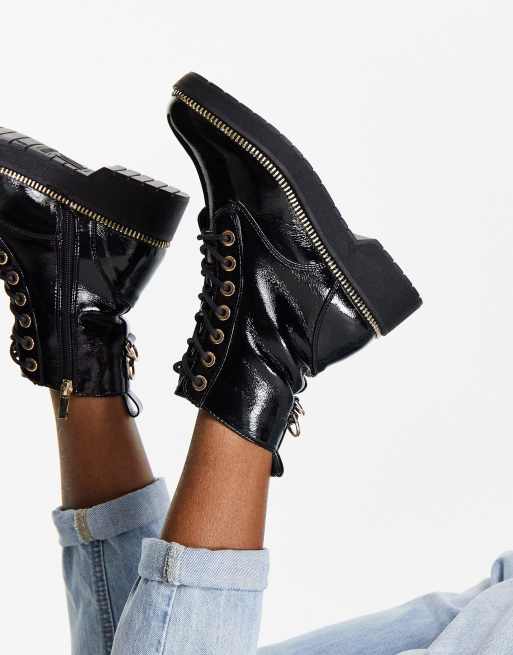 River Island patent chunky lace up boot in black | ASOS