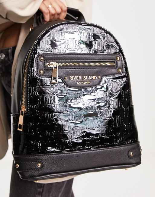 River Island Backpack Black Ri Monogram Embossed Pu